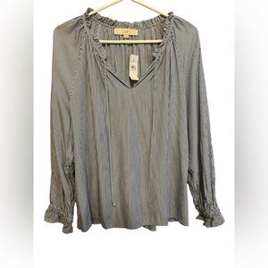 LOFT PINSTRIPE V - NECK BLOUSE WITH RUFFLE AT COLLAR AND SLEEVE